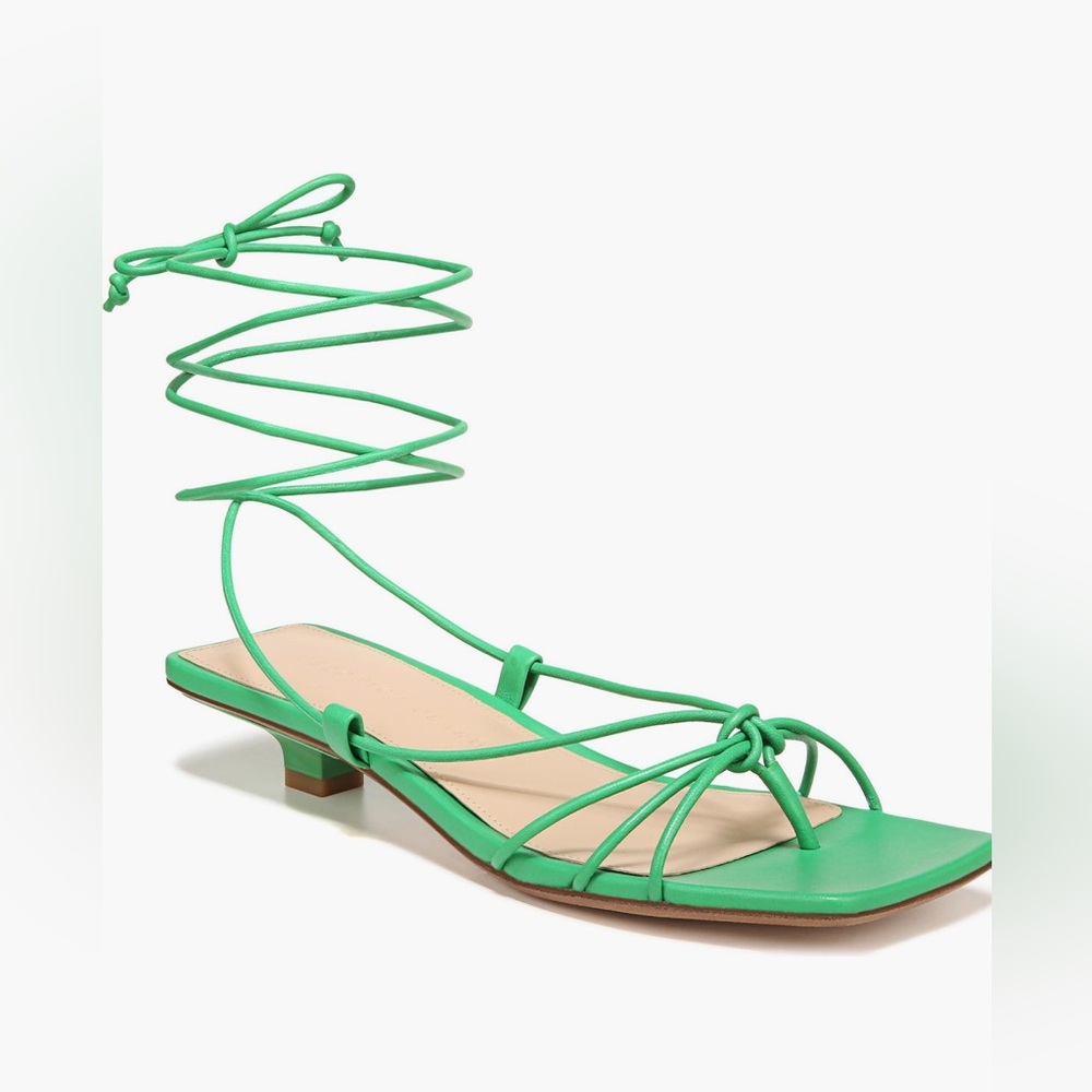 Veronica Beard ankle tie green leather sandals